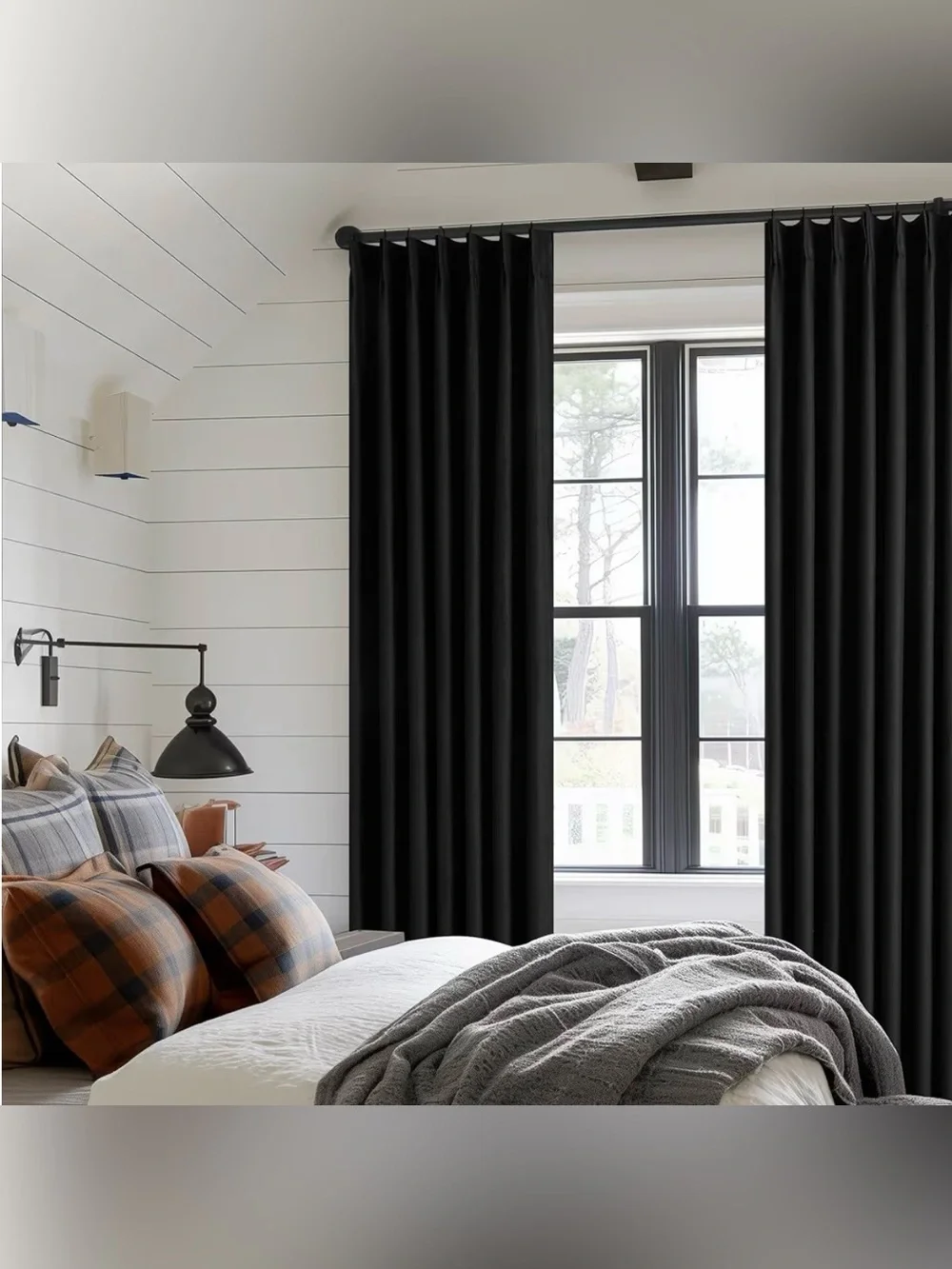 Black Pinch Pleated Linen 100% Blackout Curtains 2 Panels 40x102